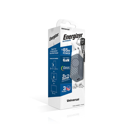 Energizer Ultimate - Multiplug EU / UK / US GaN USB-C & USB-A 65W PD travel charger (Silver)