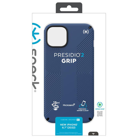 Speck Presidio2 Grip - Coque antidérapante pour iPhone 14 Plus (Bleu côtier / Noir / Blanc)