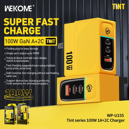 WEKOME WP-U155 Tint Series - Chargeur super rapide 2x USB-C & USB-A GaN 100W (Jaune)