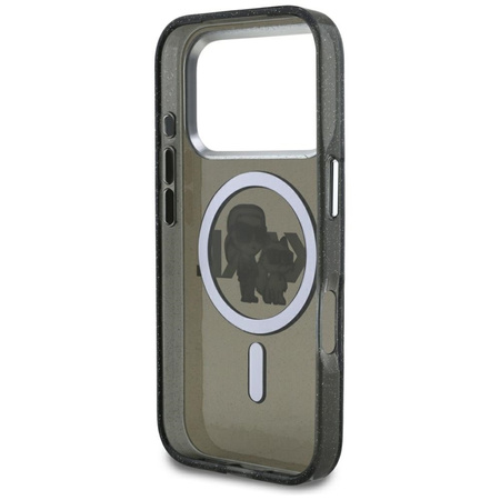 Karl Lagerfeld IML Glitter Karl & Choupette Sketch Logo MagSafe - Custodia per iPhone 17 Pro (Nero)