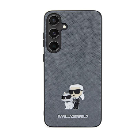 Karl Lagerfeld Saffiano Karl & Choupette fém kitűző - Samsung Galaxy S24 tok (szürke)