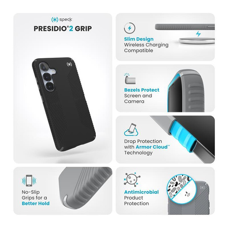 Speck Presidio2 Grip - Custodia per Samsung Galaxy S25 / S24 (Nero/Grigio ardesia/Bianco)