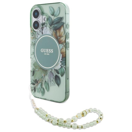 Guess IML Flowers With Pearl Strap MagSafe - pouzdro pro iPhone 16 Plus (zelené)