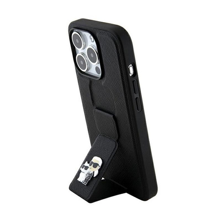 Karl Lagerfeld Gripstand Saffiano Karl & Choupette Pins - iPhone 14 Pro Tasche (Schwarz)