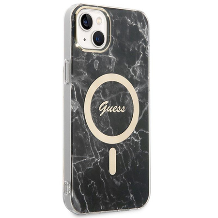 Guess Bundle Pack MagSafe IML Marble - MagSafe iPhone 14 Plus Tasche + Ladegerät-Set (schwarz/gold)