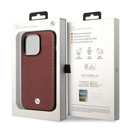 BMW Leather Diamond Pattern - Tasche für iPhone 14 Pro (Burgundisch)