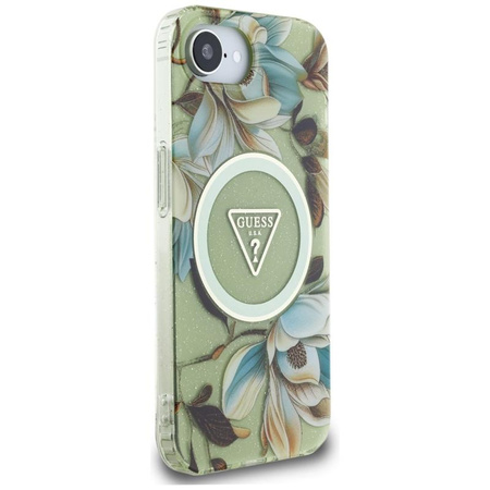Guess IML Metall Glitter Blumen Dreieck MagSafe - Tasche für iPhone 16e (grün)
