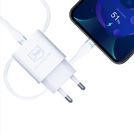 3mk Hyper Charger - USB-A QC 3.0 + USB-C PD 20W hálózati töltő (fehér)