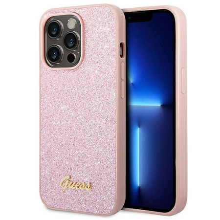 Guess Glitter Flakes Metal Logo Case - pouzdro pro iPhone 14 Pro (růžové)