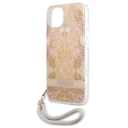 Guess Flower Cord - Case with lanyard iPhone 13 mini (Gold)