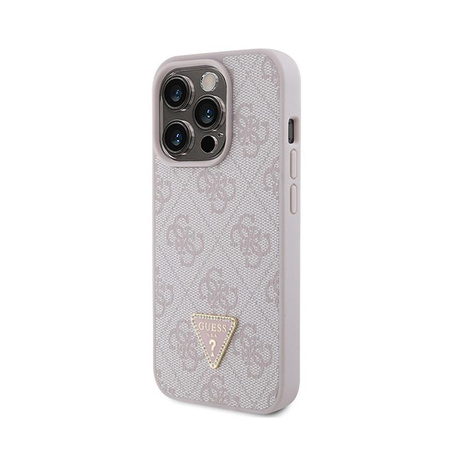 Kožené pouzdro Guess 4G Triangle Strass - iPhone 15 Pro (růžové)