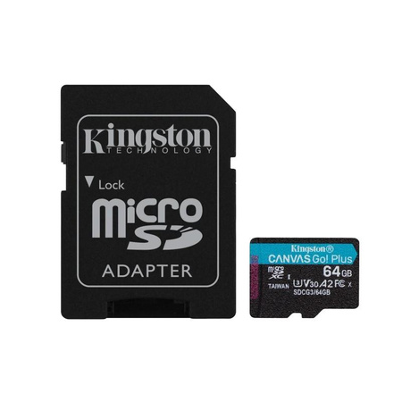 Kingston Canvas Go Plus microSDXC - 64GB A2 V30 Class 10 UHS-I U3 memóriakártya 170/70 Mbps 170/70 Mbps adapterrel