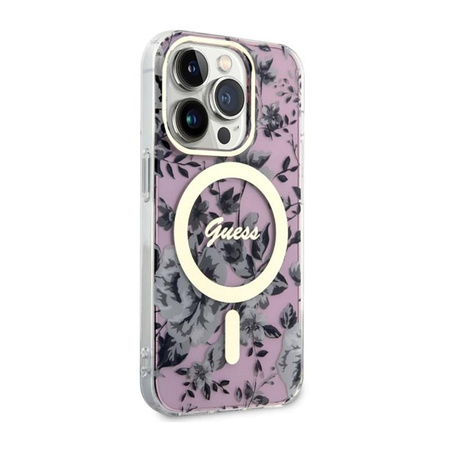 Guess Flower MagSafe - pouzdro pro iPhone 14 Pro (růžové)