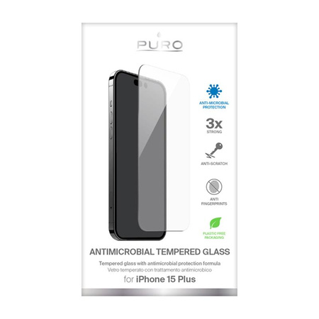 PURO Anti-Bacterial Tempered Glass - Ochranné tvrzené sklo s antibakteriální ochranou pro iPhone 15 Plus