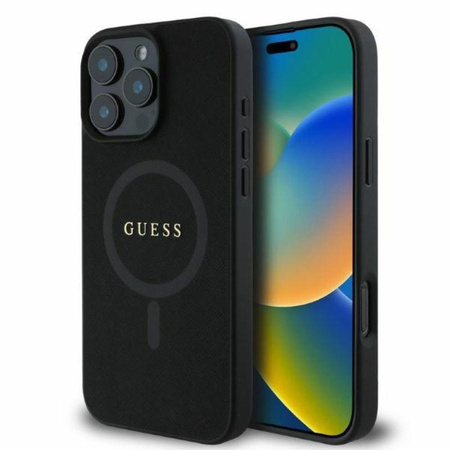 Guess Saffiano Classic Logo MagSafe – Hülle für iPhone 16 Pro (schwarz)