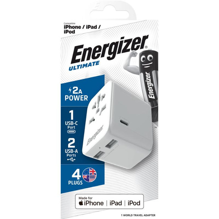 Energizer Ultimate - cestovní adaptér EU / US / AU / UK + 2x USB-A a USB-C s certifikací MFi (bílý)