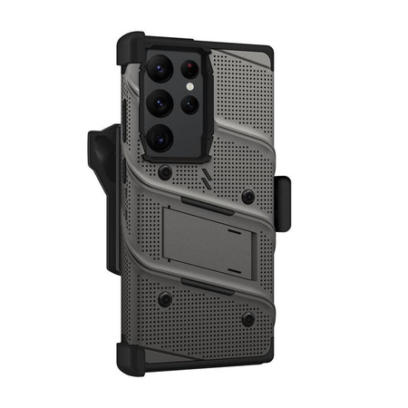 ZIZO BOLT Serie - Samsung Galaxy S23 Ultra gepanzerte Hülle mit 9H Glas für Bildschirm + Halterung mit Ständer (grau)