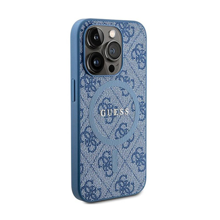 Guess 4G Collection Cuir Logo Métal MagSafe - Étui iPhone 15 Pro Max (bleu)