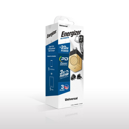 Energizer Ultimate - cestovní nabíječka Multiplug EU / UK / US GaN USB-C 20W PD (zlatá)