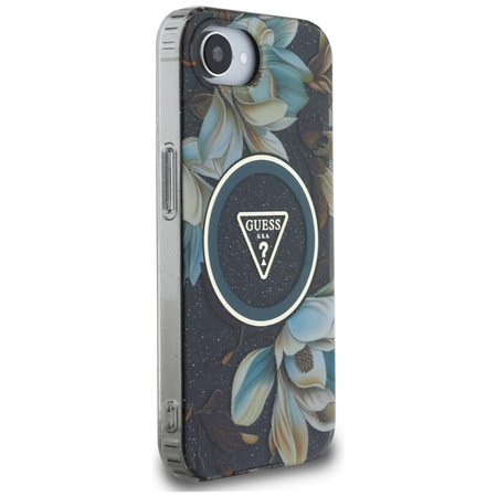 Guess IML Metall Glitter Blumen Dreieck MagSafe - Tasche für iPhone 16e (schwarz)