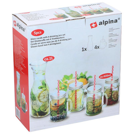 Alpina - Sada skleněných hrnků na nápoje s brčkem 4 ks. + 1l karafa