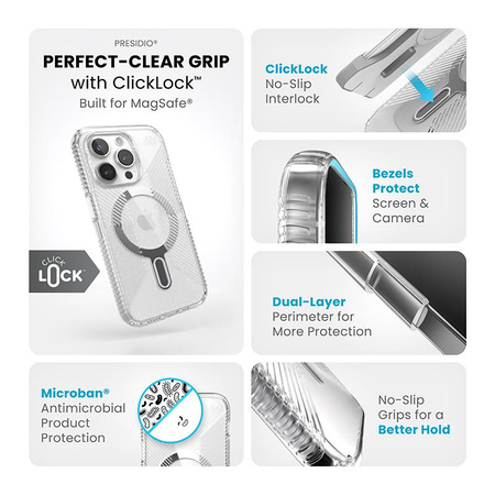 Speck Presidio Perfect-Clear Grip ClickLock e MagSafe - Custodia per iPhone 15 Pro (Trasparente / Finitura cromata / Argento Sereno)