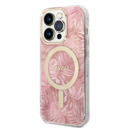Guess Bundle Pack MagSafe IML Jungle - MagSafe iPhone 14 Pro Max Case + Charger Set (pink/gold)