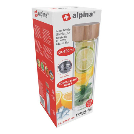 SZKLANA BUTELKĄ NA WODĘ Z FILTREM BPA FREE, na Herbatę, Etui, Alpina, 450ml
