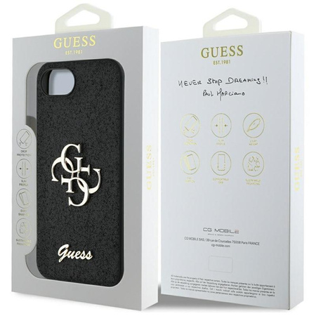 Guess Fixed Glitter Big 4G - pouzdro pro iPhone 16e (černé)