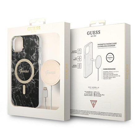 Guess Bundle Pack MagSafe IML Marble - pouzdro MagSafe pro iPhone 14 Plus + sada nabíječky (černá/zlatá)