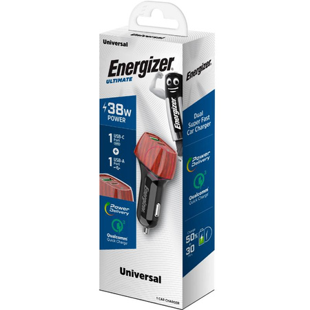 Energizer Ultimate - USB-C és USB-A 38W PD + QC3.0 autós töltő (diófa)