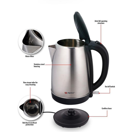 LARGE 1.7 L STEEL ELECTRIC Kettle, with Stand, Alpina, 1850-2200W