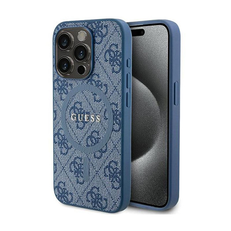 Kožené pouzdro Guess 4G Collection Metal Logo MagSafe - iPhone 15 Pro Max (modré)