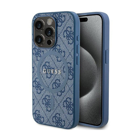 Kožené pouzdro Guess 4G Collection s kovovým logem MagSafe - iPhone 14 Pro (modré)