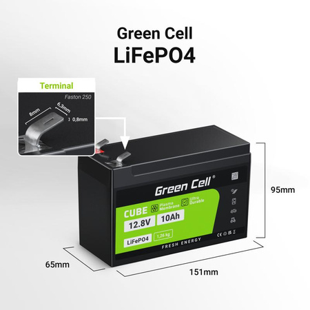 Green Cell - LiFePO4 12V 12.8V 10Ah akkumulátor fotovoltaikus rendszerekhez, lakóautókhoz és hajókhoz