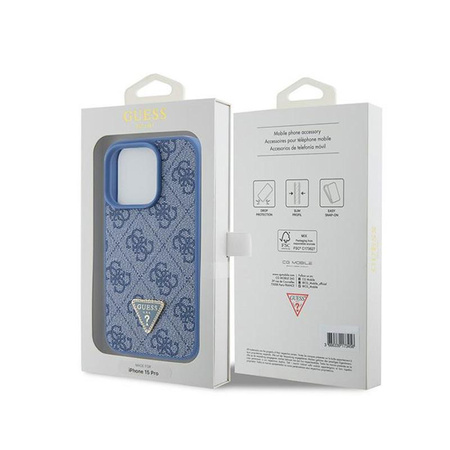 Kožené pouzdro Guess 4G Triangle Strass - iPhone 15 Pro (modré)