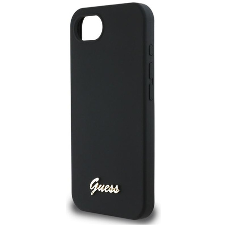 Guess Silicone Script Metal Logo MagSafe - Pouzdro na iPhone 16e (černé)