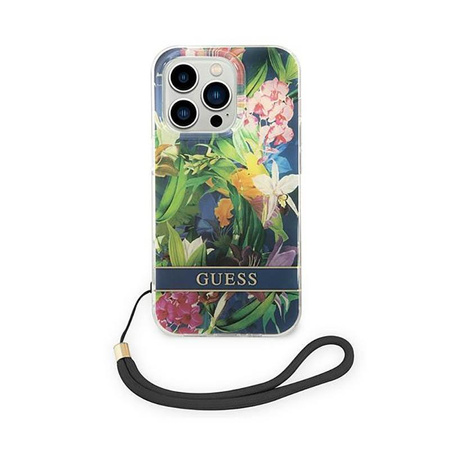 Guess Flower Cord - Case with lanyard iPhone 14 Pro Max (blue)
