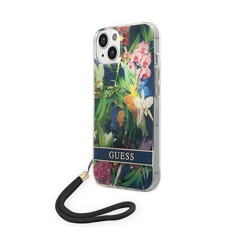 Guess Flower Cord - Case with lanyard iPhone 14 (blue)