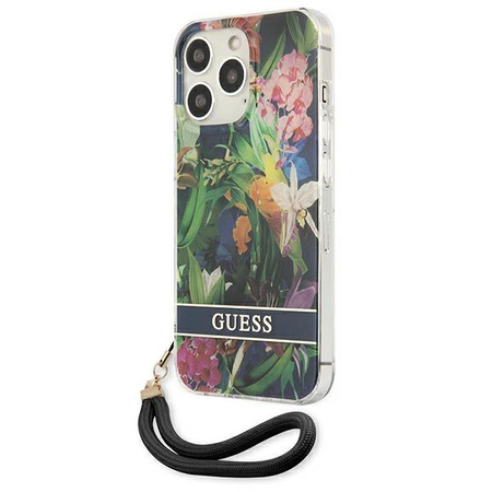 Guess Flower Cord - Etui avec dragonne iPhone 13 Pro (Bleu)