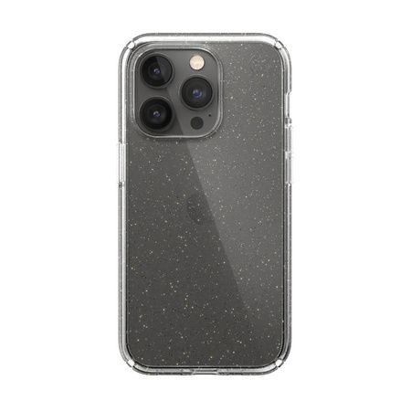 Speck Presidio Perfect-Clear avec paillettes - Coque pour iPhone 14 Pro avec revêtement MICROBAN (transparent / paillettes d'or)