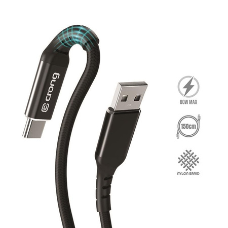 Crong Armor Link - 60W 3A USB-A na USB-C opletený kabel Power Delivery 150cm (černý)