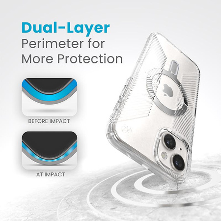Speck Presidio Perfect-Clear Grip ClickLock & MagSafe - Coque iPhone 15 Plus / iPhone 14 Plus (Clair / Finition Chrome / Argent Serein)