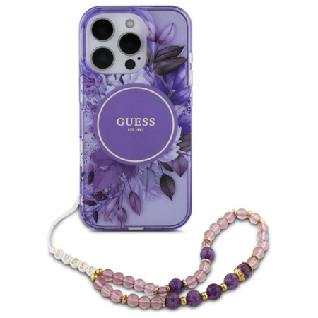 Guess IML Flowers With Pearl Strap Étui MagSafe pour iPhone 16 Pro (violet)