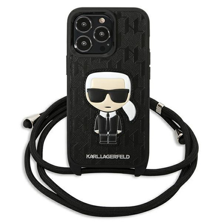 Karl Lagerfeld Leather Monogram Patch and Cord Iconik- Cover for iPhone 13 Pro