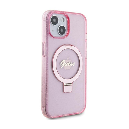 Guess Ring Stand Script Glitter MagSafe - Etui iPhone 15 Plus (różowy)