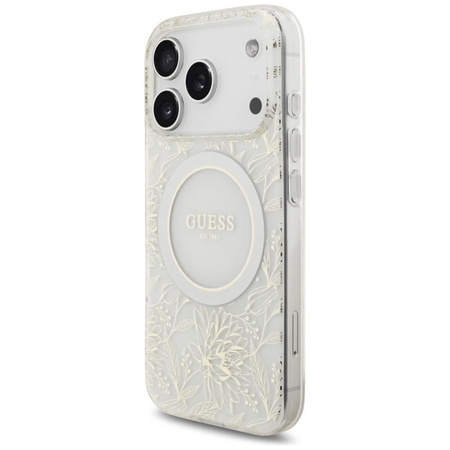 Guess IML Flowers Electro Pearl Strap MagSafe - Hülle iPhone 17 Pro (weiß)