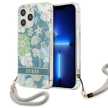 Guess Flower Cord - Case with lanyard iPhone 13 Pro (Green)