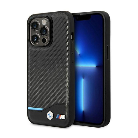 BMW Leather Carbon Blue Line - Case for iPhone 14 Pro (Black)