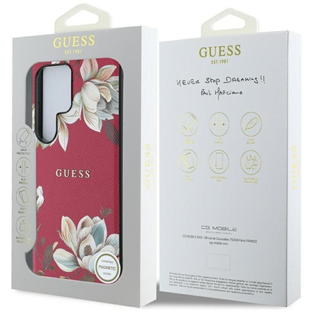 Guess szemcsés nyomtatott virágmintás MagSafe - tok Samsung Galaxy S25 Ultra (fukszia)